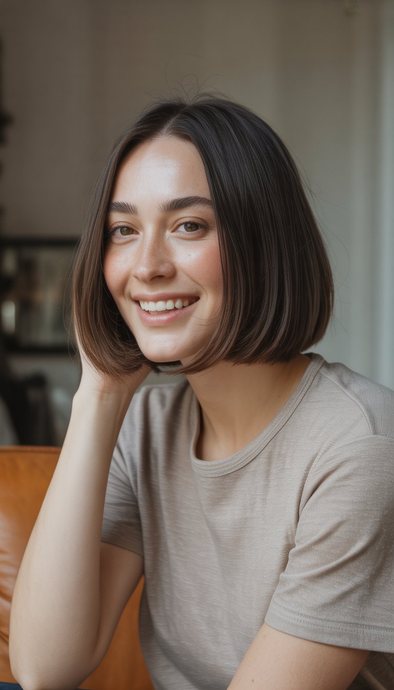 A woman with a blunt bob hairstyle standing in a casual indoor or outdoor setting, wearing casual clothes and looking relaxed.