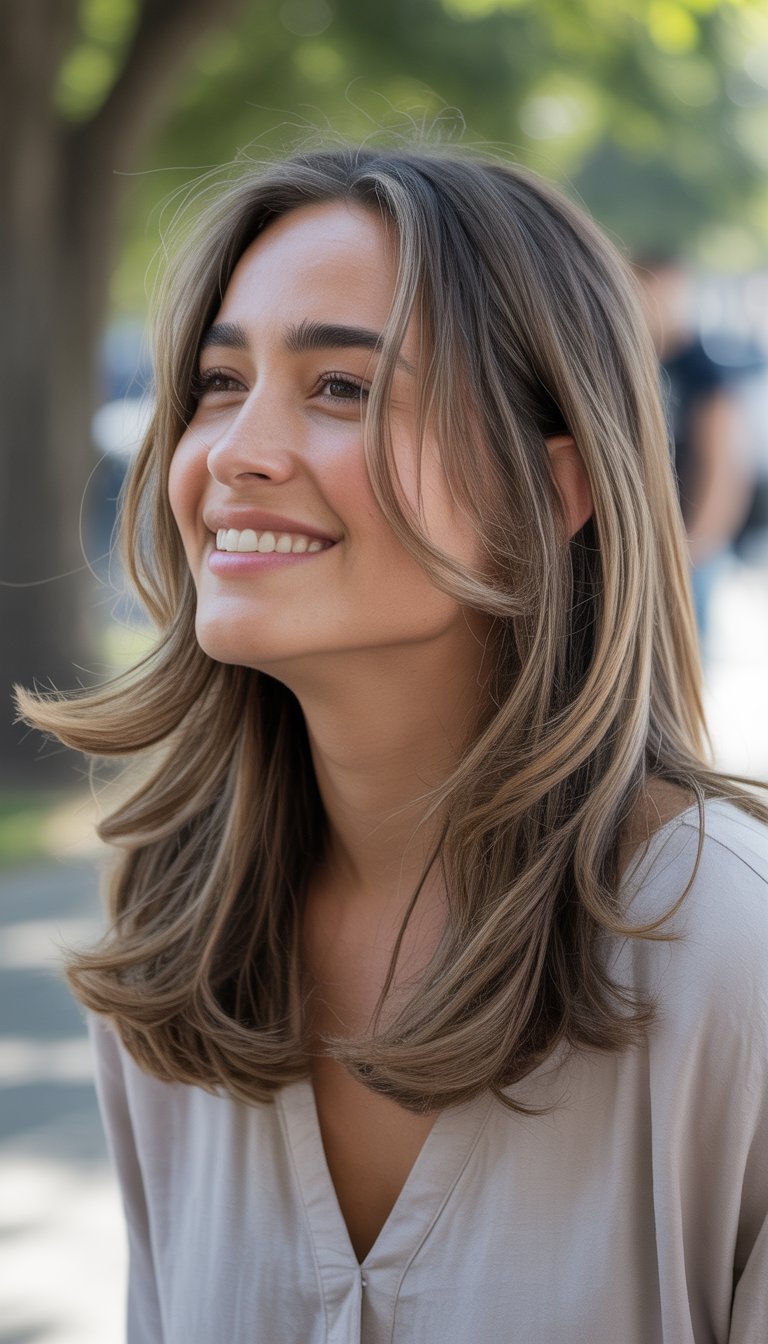 A woman with long layered wavy hair stands outdoors in a casual setting, smiling softly with a relaxed expression.