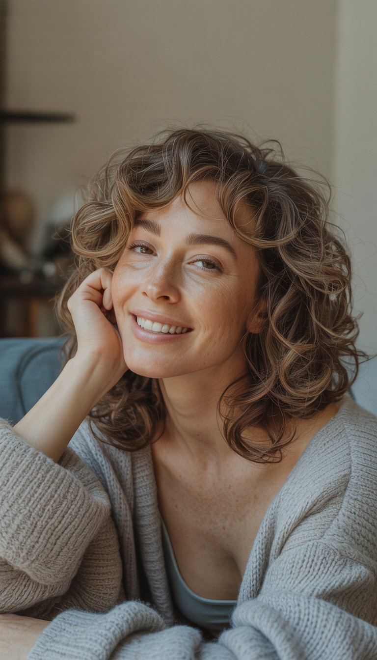 A woman with curly hair standing in a casual indoor setting, wearing casual clothes and looking naturally at the camera.