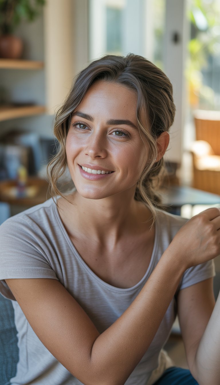A woman with loose wavy hair parted to the side, smiling naturally in a casual indoor setting.