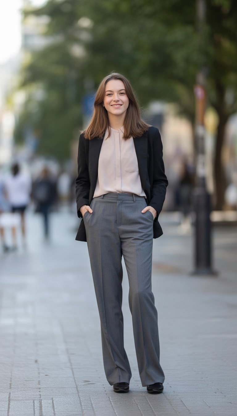 A young woman standing outdoors in smart-casual professional clothes, smiling gently and looking confident.