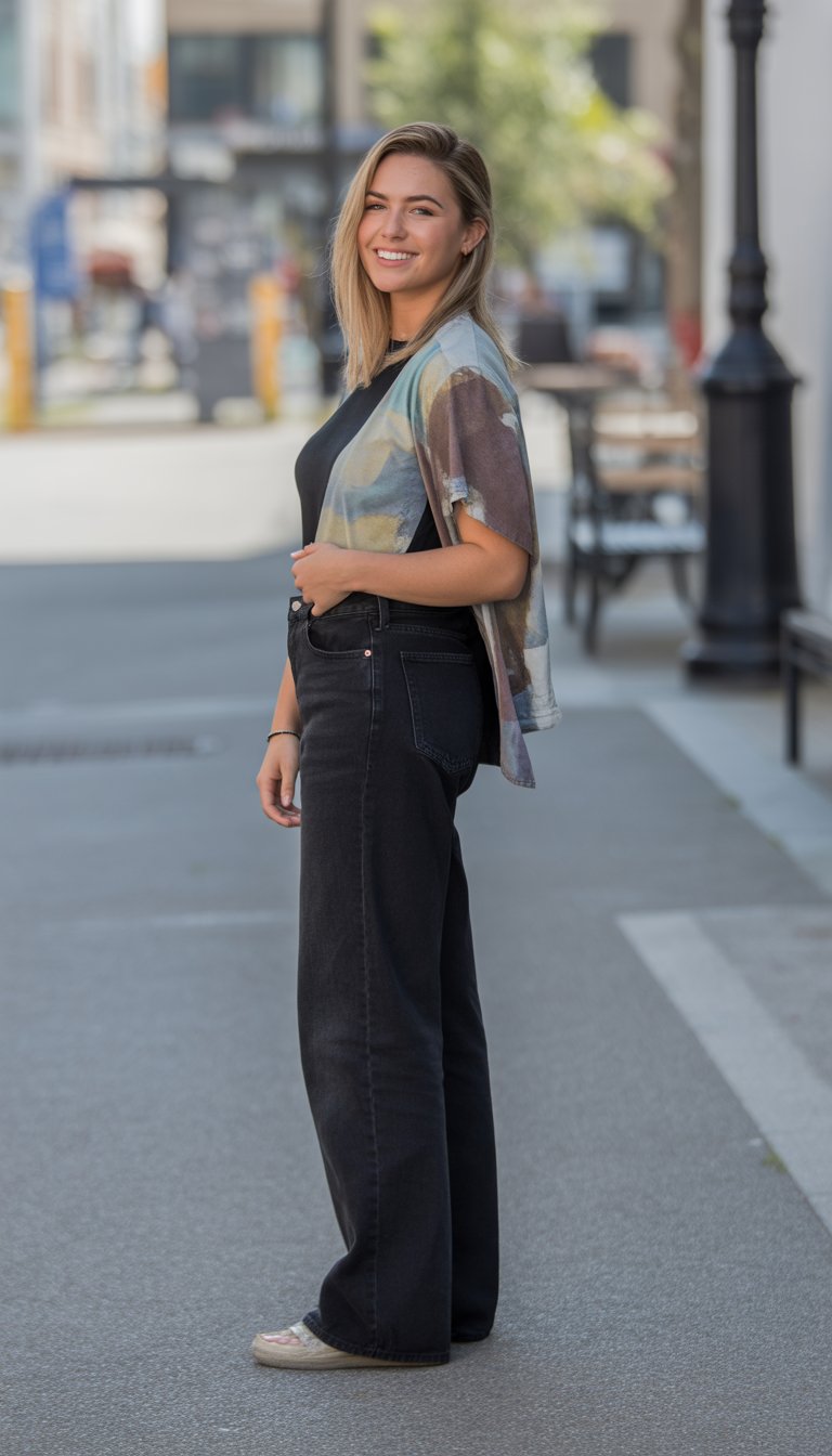 A young woman standing outdoors on a city street, shown head-to-toe in casual clothing.