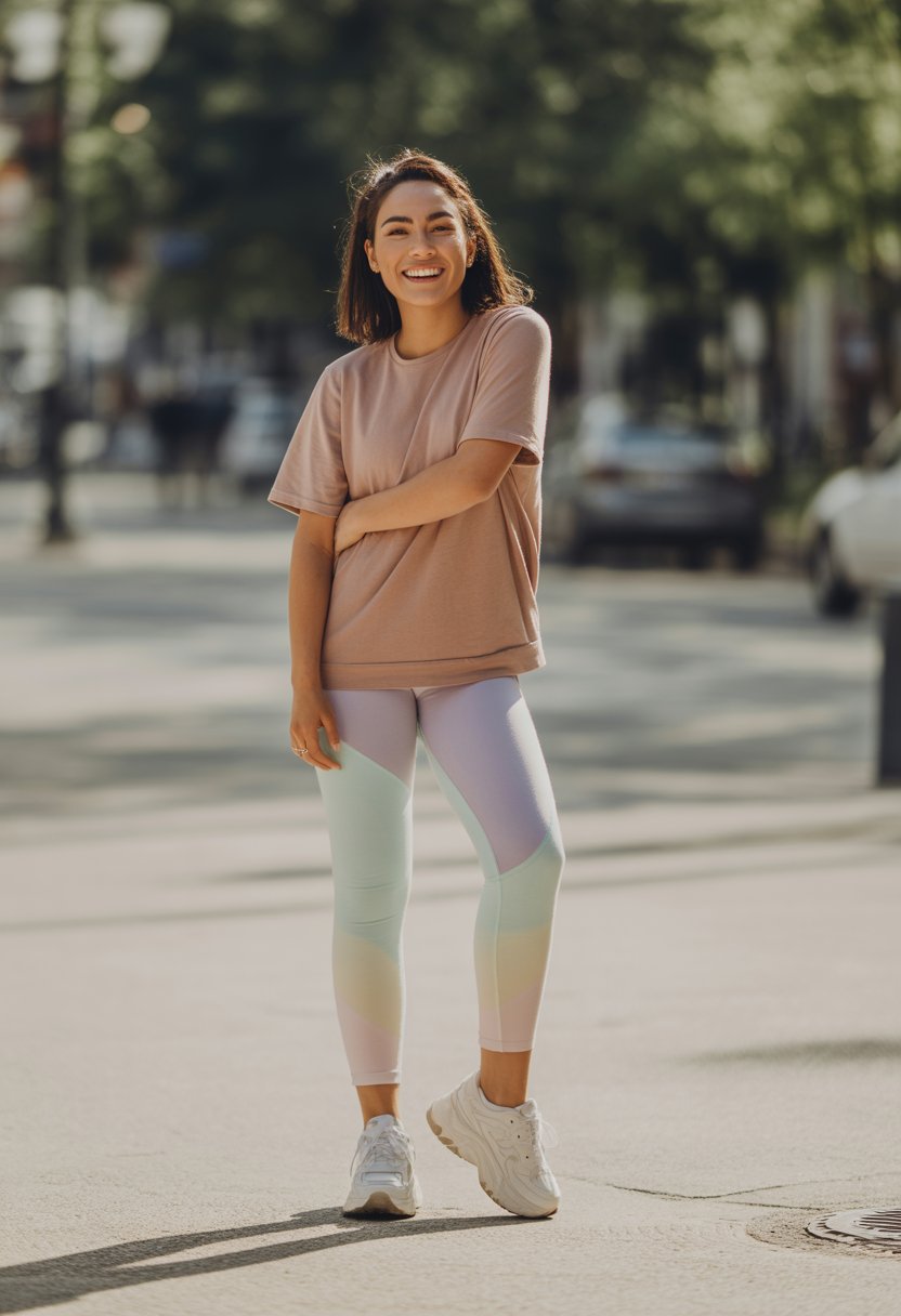 A young woman standing outdoors on a city street, wearing white sneakers and pastel leggings, looking relaxed and natural.