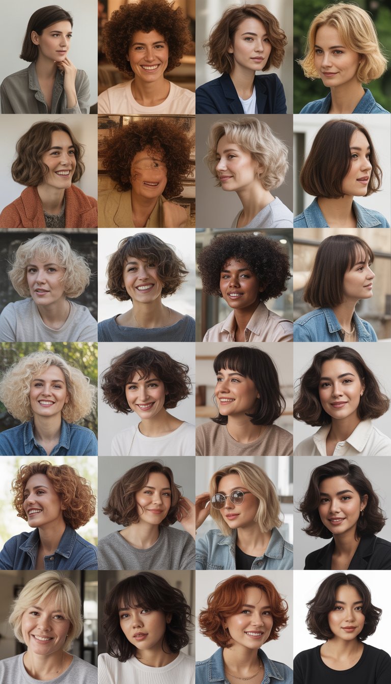 A group of women with fluffy bob haircuts in casual clothing, smiling and interacting naturally in everyday indoor and outdoor settings.