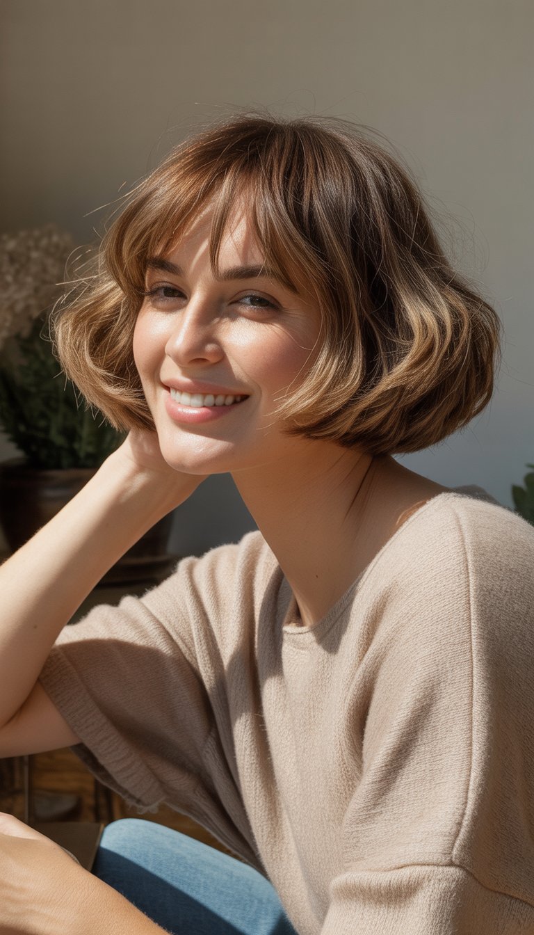 A woman with a bob haircut sits casually in a cozy indoor setting, smiling naturally.