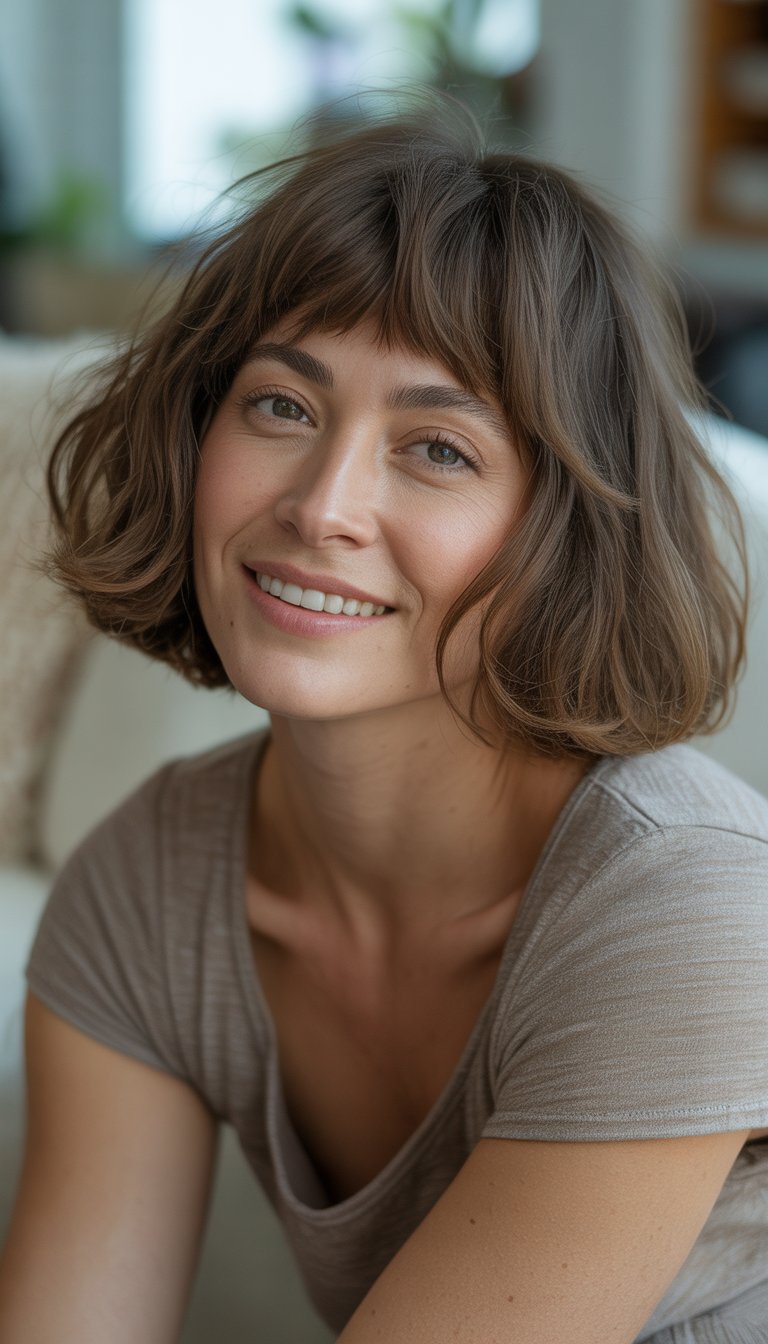 A woman with an angled fluffy bob haircut smiling naturally in a casual indoor setting.