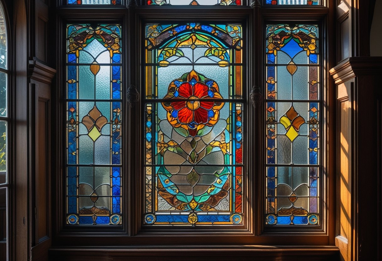 Close-up view of colorful stained glass windows with intricate patterns set in an antique architectural frame, illuminated by natural light.