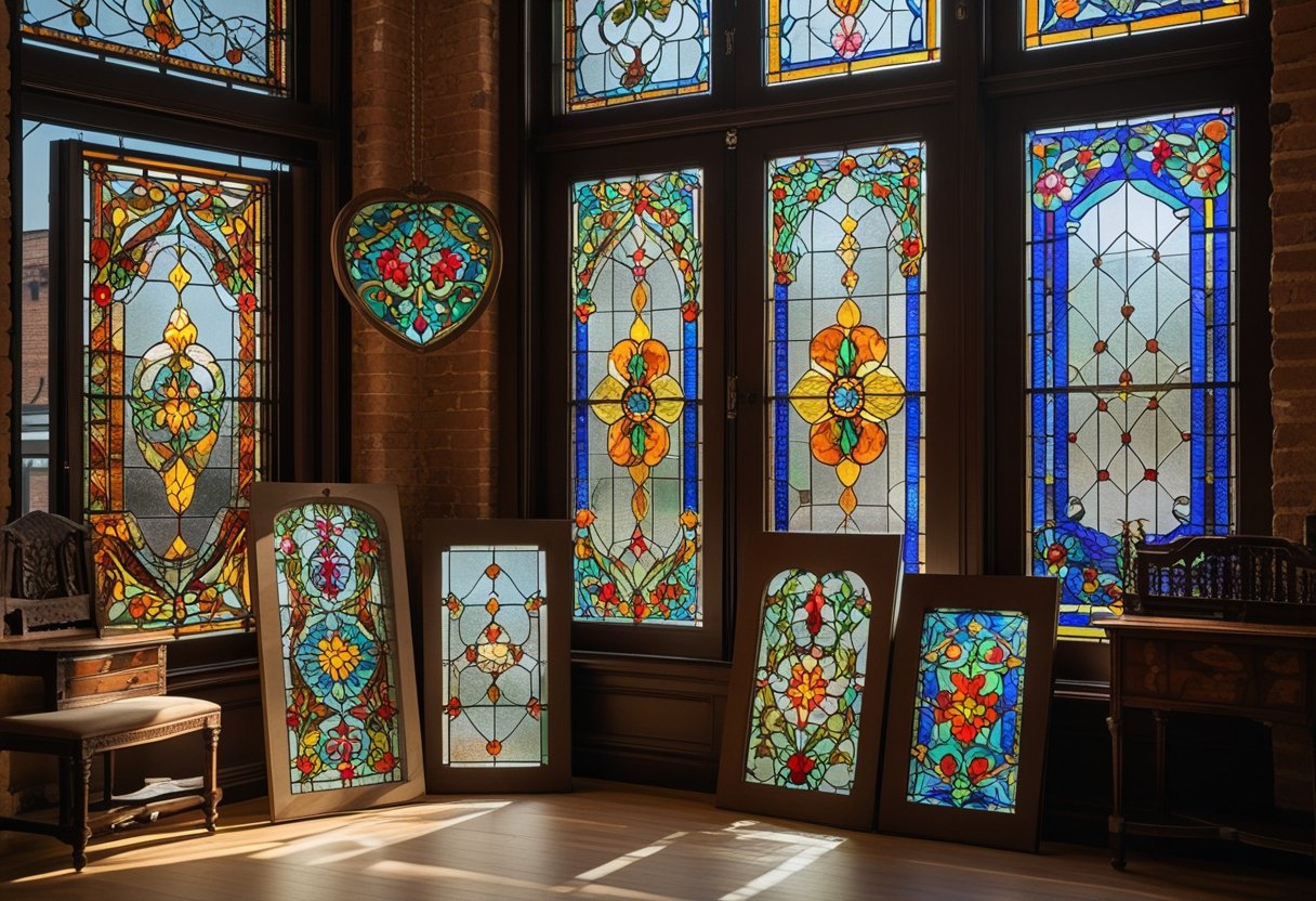 A display of colorful vintage stained glass windows illuminated by natural light inside a showroom.