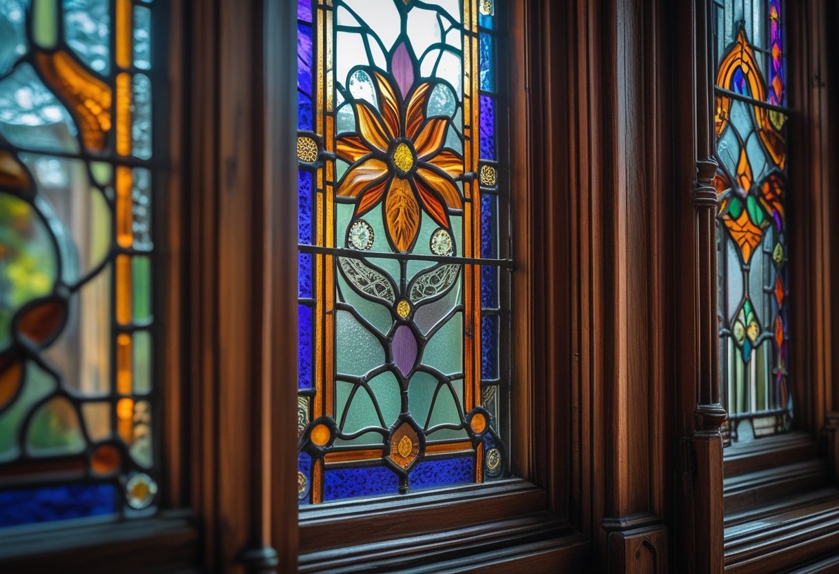 Close-up of colorful vintage stained glass windows with intricate patterns and light shining through them.