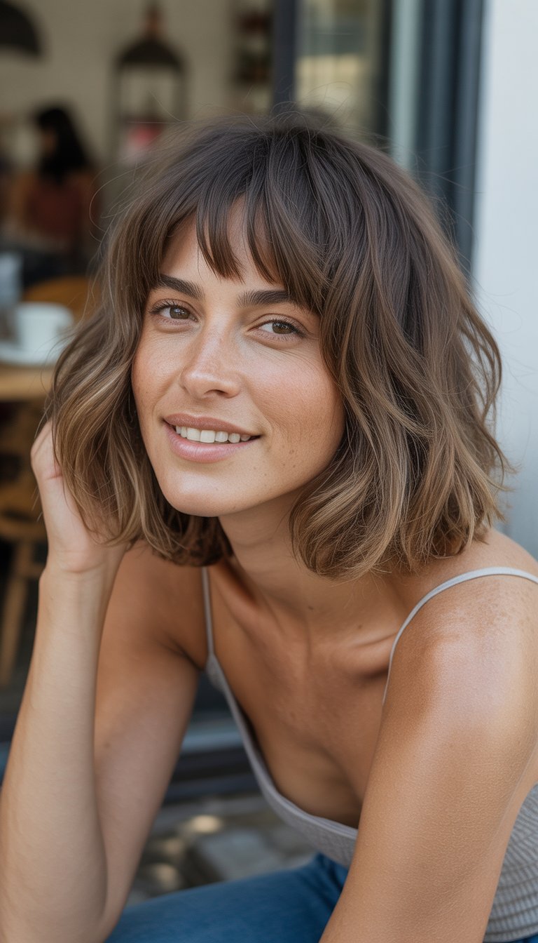 A woman with shaggy layered hair and bangs smiling naturally in a casual indoor setting.