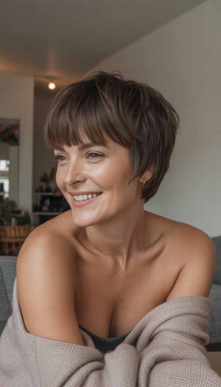 A woman with a short shaggy hairstyle and blunt bangs in a casual setting, wearing everyday clothes and smiling naturally.
