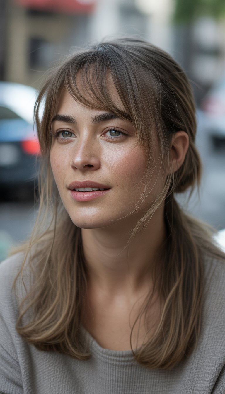 A woman with long hair and side-swept bangs standing in a casual indoor or outdoor setting, wearing casual clothes and looking relaxed.