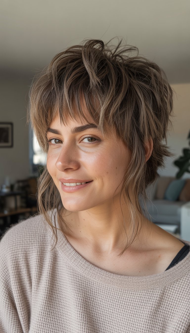 A woman with a textured short haircut stands in a casual indoor setting, wearing everyday clothes and looking relaxed with a natural expression.