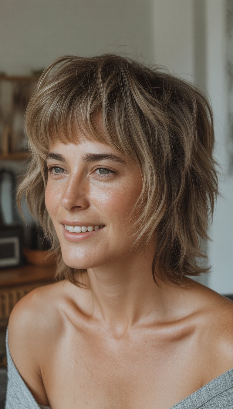 A woman with layered hair and bangs stands in a casual indoor setting, wearing everyday clothes and looking naturally at the camera.