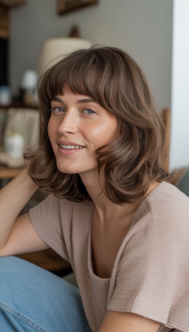 A woman with layered shag haircut and curtain bangs stands casually in a cozy indoor setting, wearing casual clothes and smiling naturally.