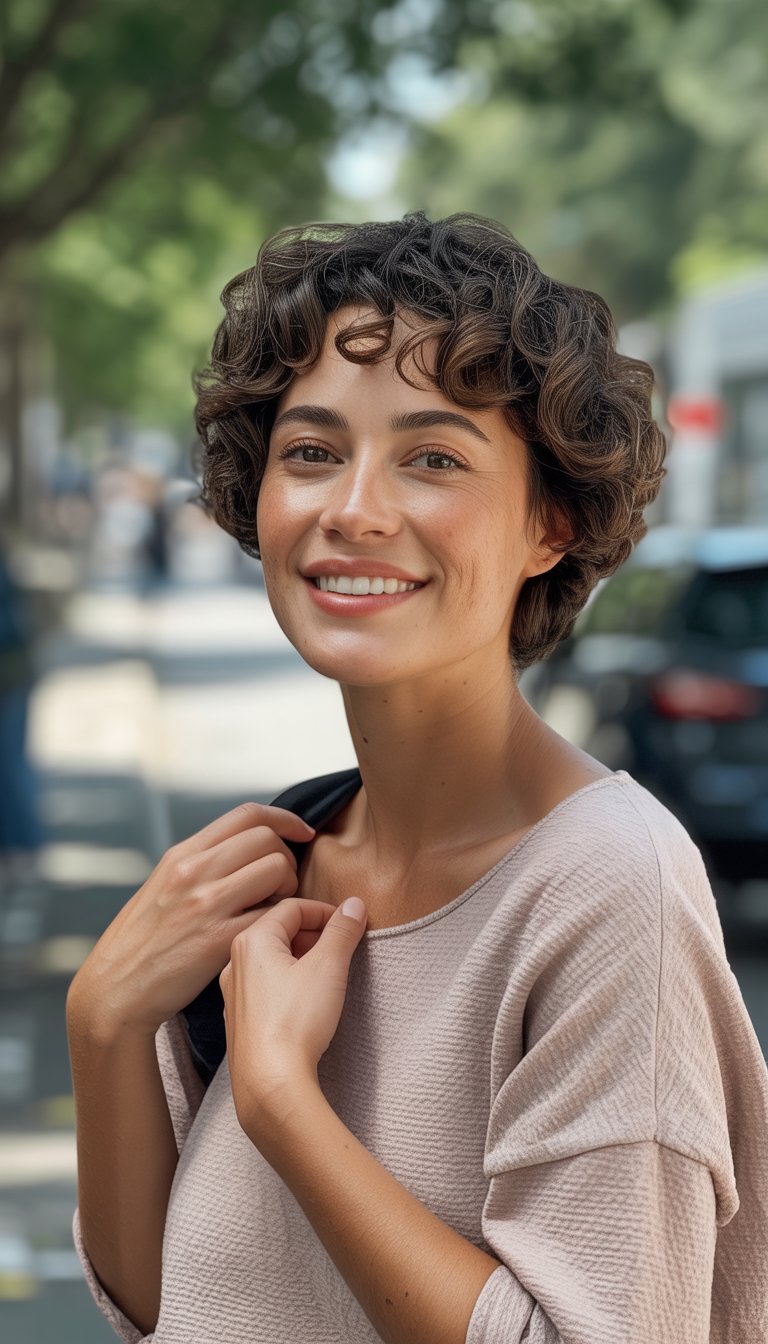 A woman with short curly hair standing outdoors, smiling gently in a casual setting.