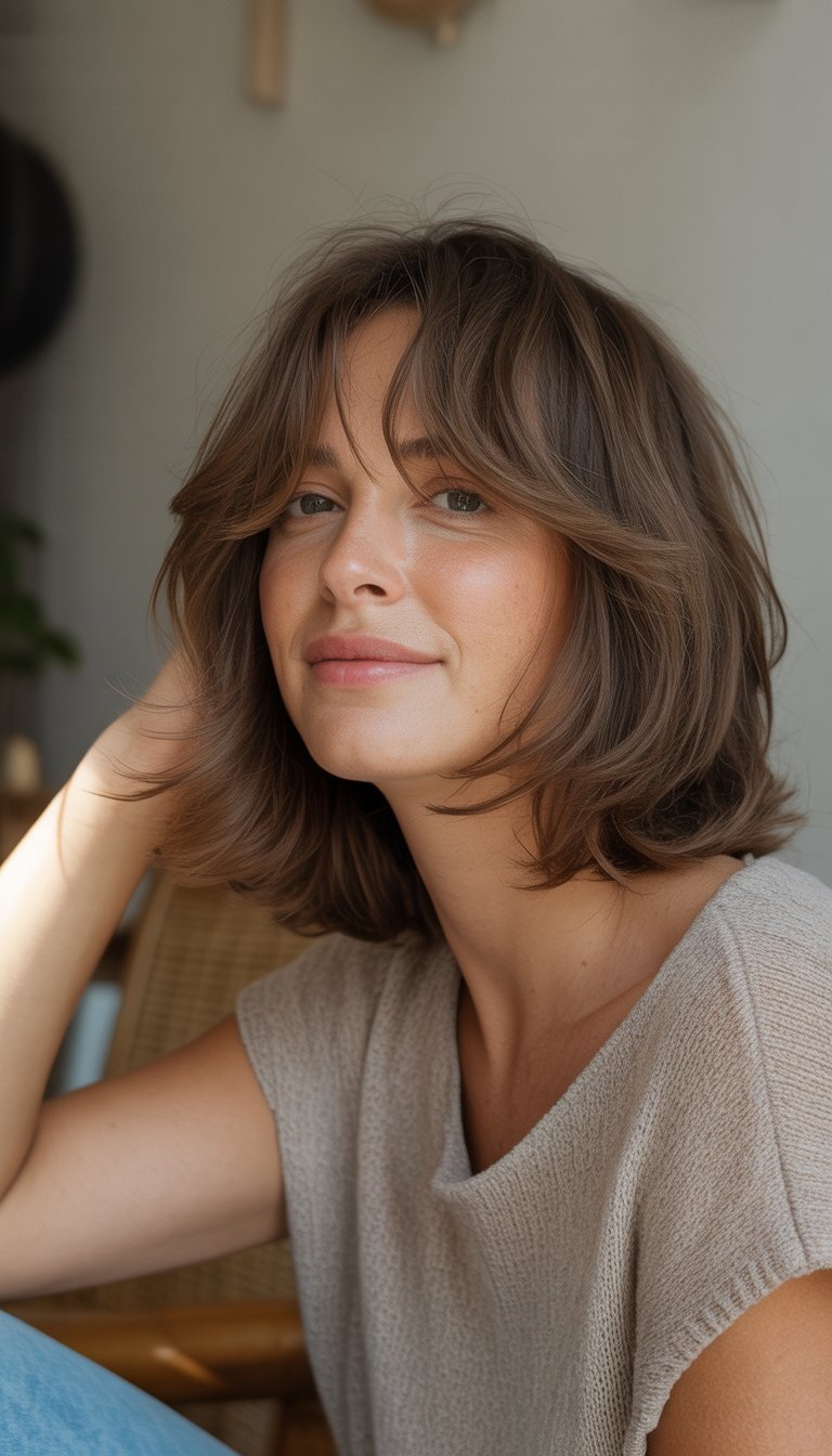A woman with medium-length layered hair sitting casually in a cozy indoor setting, smiling naturally.