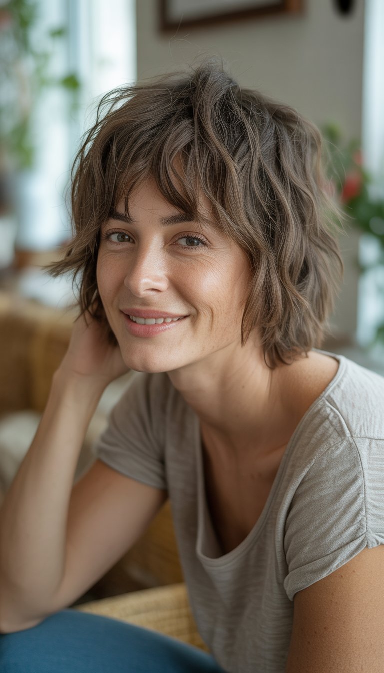 A woman with a tousled shag haircut smiling naturally in a casual indoor setting.