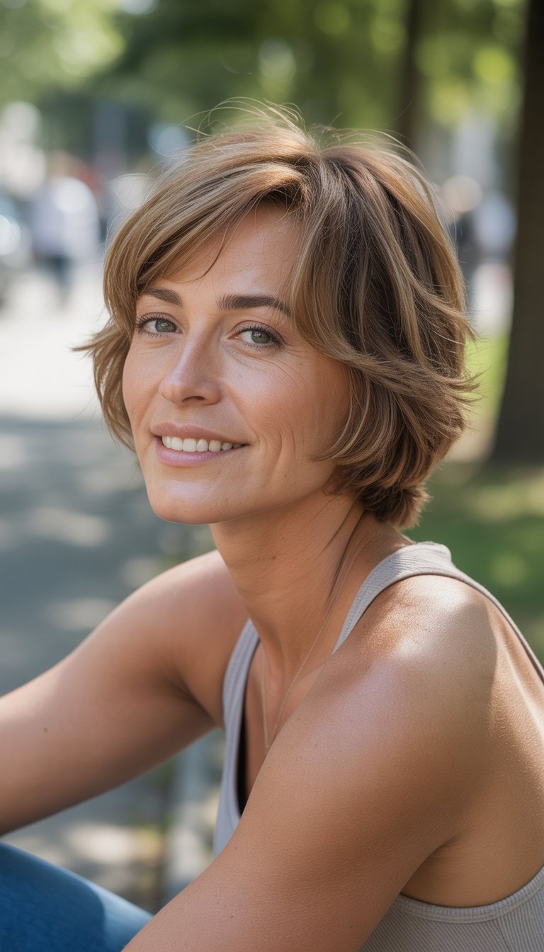 A woman with a voluminous shag haircut stands outdoors in casual clothing, smiling softly in a relaxed, everyday setting.
