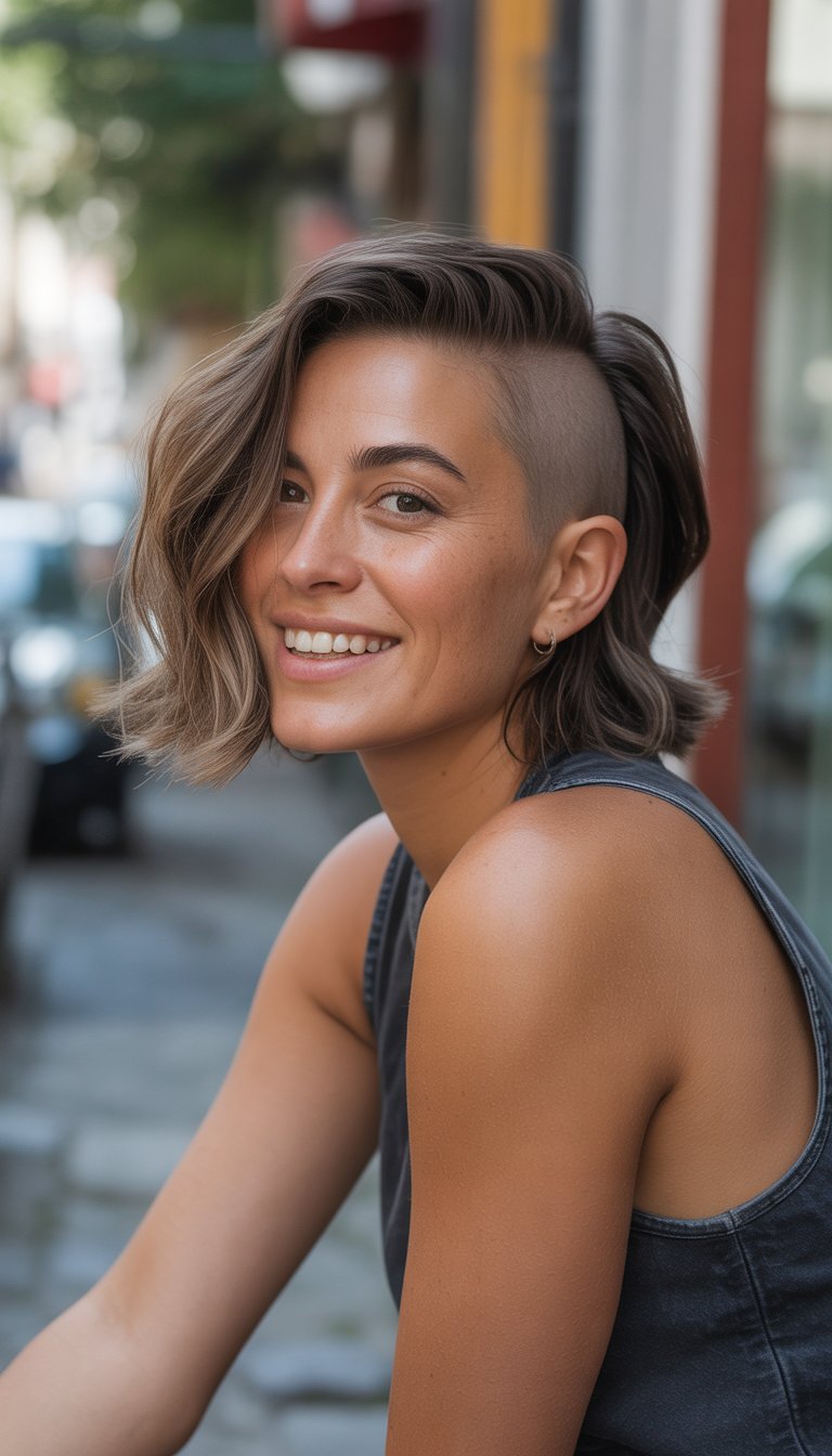 A woman with a side-shaved hairstyle standing casually in a simple everyday setting, smiling naturally.