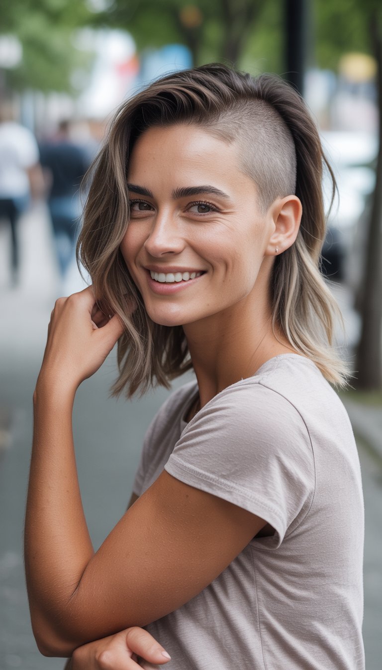 A young woman with a side-shaved hairstyle smiling naturally outdoors in a casual setting.