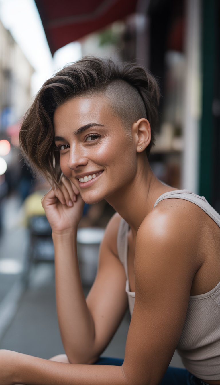 A woman with a side-shaved hairstyle standing outdoors in a casual setting, wearing everyday clothes and looking relaxed.