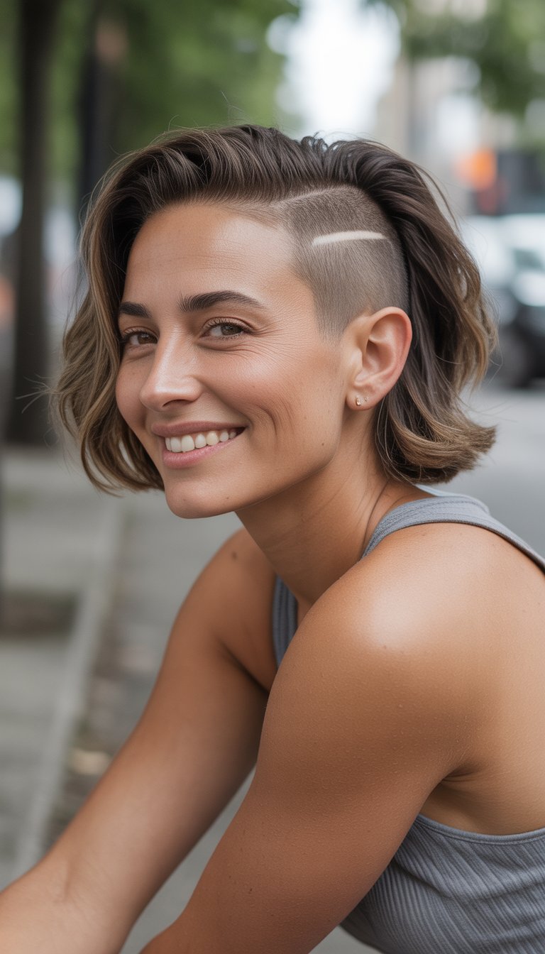 A woman with a side undercut hairstyle standing outdoors in casual clothing, smiling naturally in a relaxed setting.