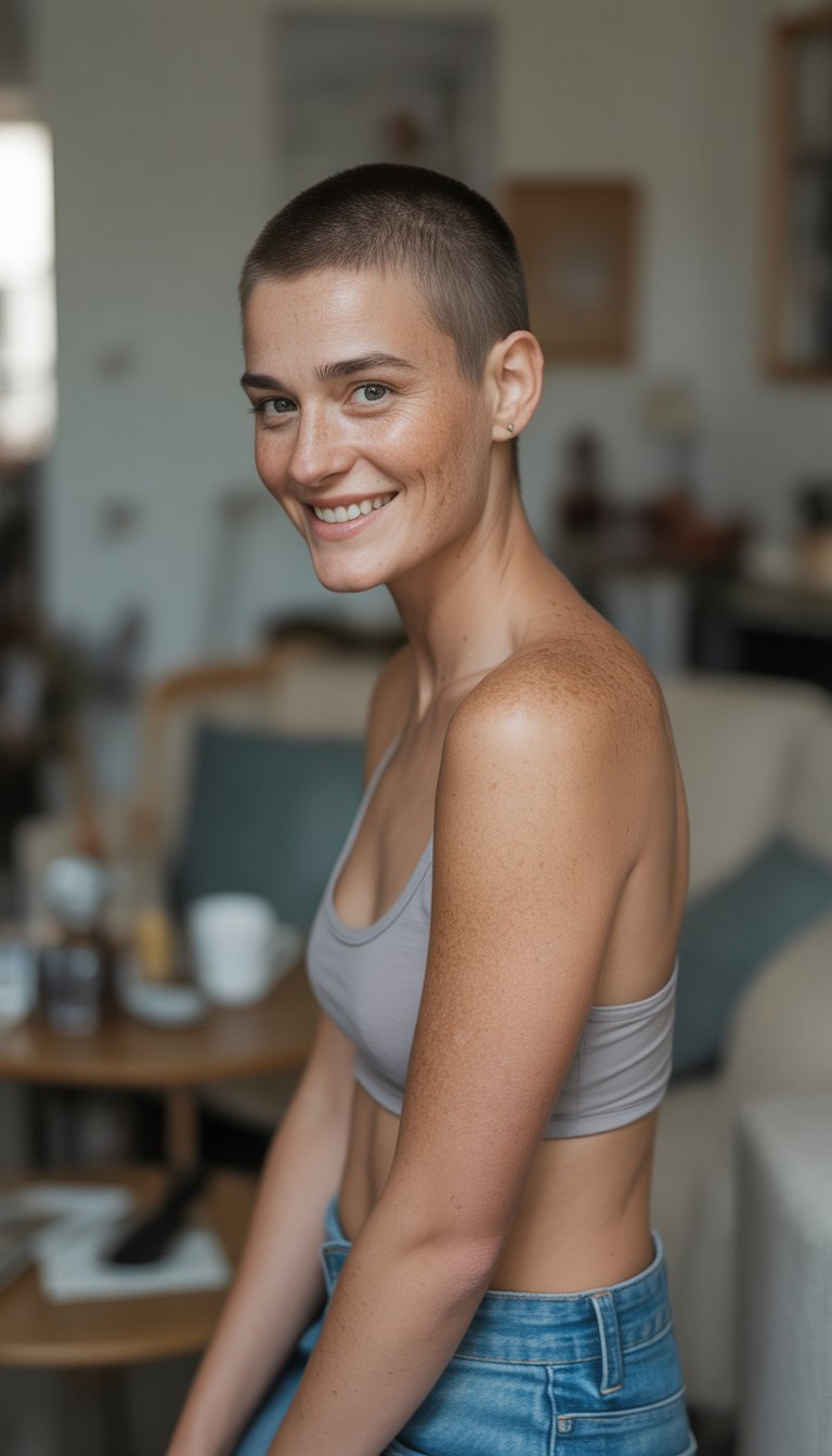 A woman with a side-shaved buzz cut in casual clothing, smiling naturally in a relaxed indoor or outdoor setting.