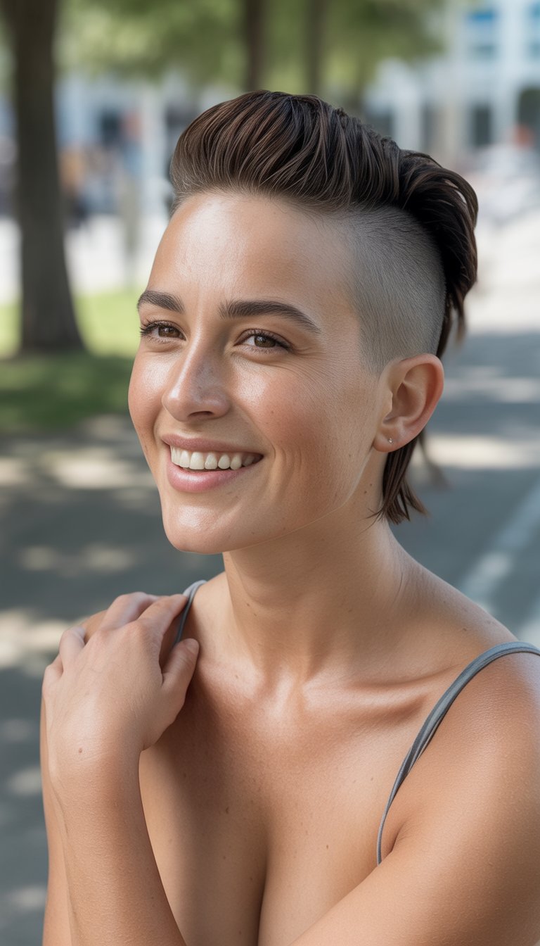 A woman with a short hairstyle stands outdoors, looking relaxed and natural in casual clothes.