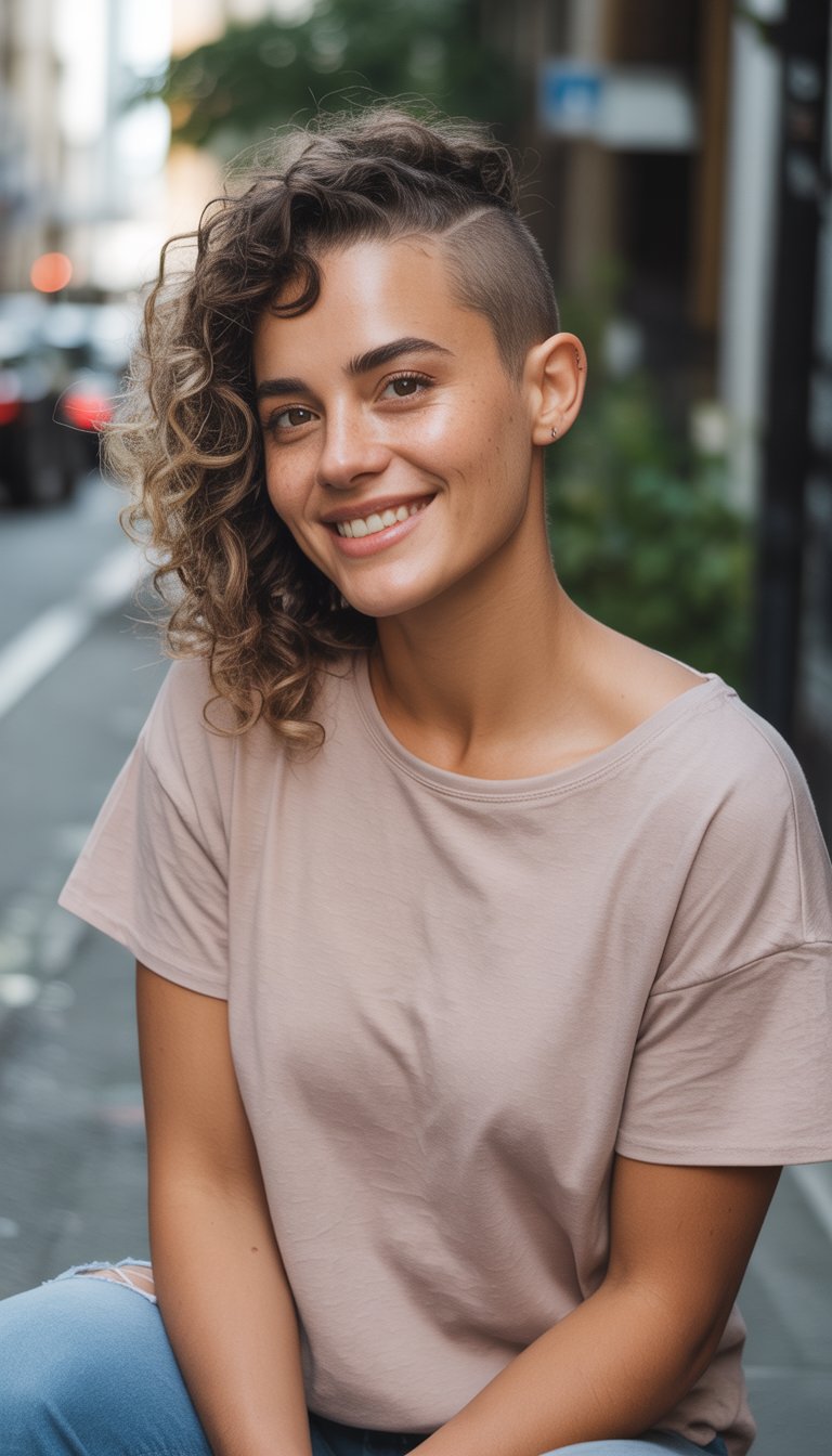 A young woman with curly hair and a side shave wearing casual clothes in a natural setting, looking relaxed and genuine.