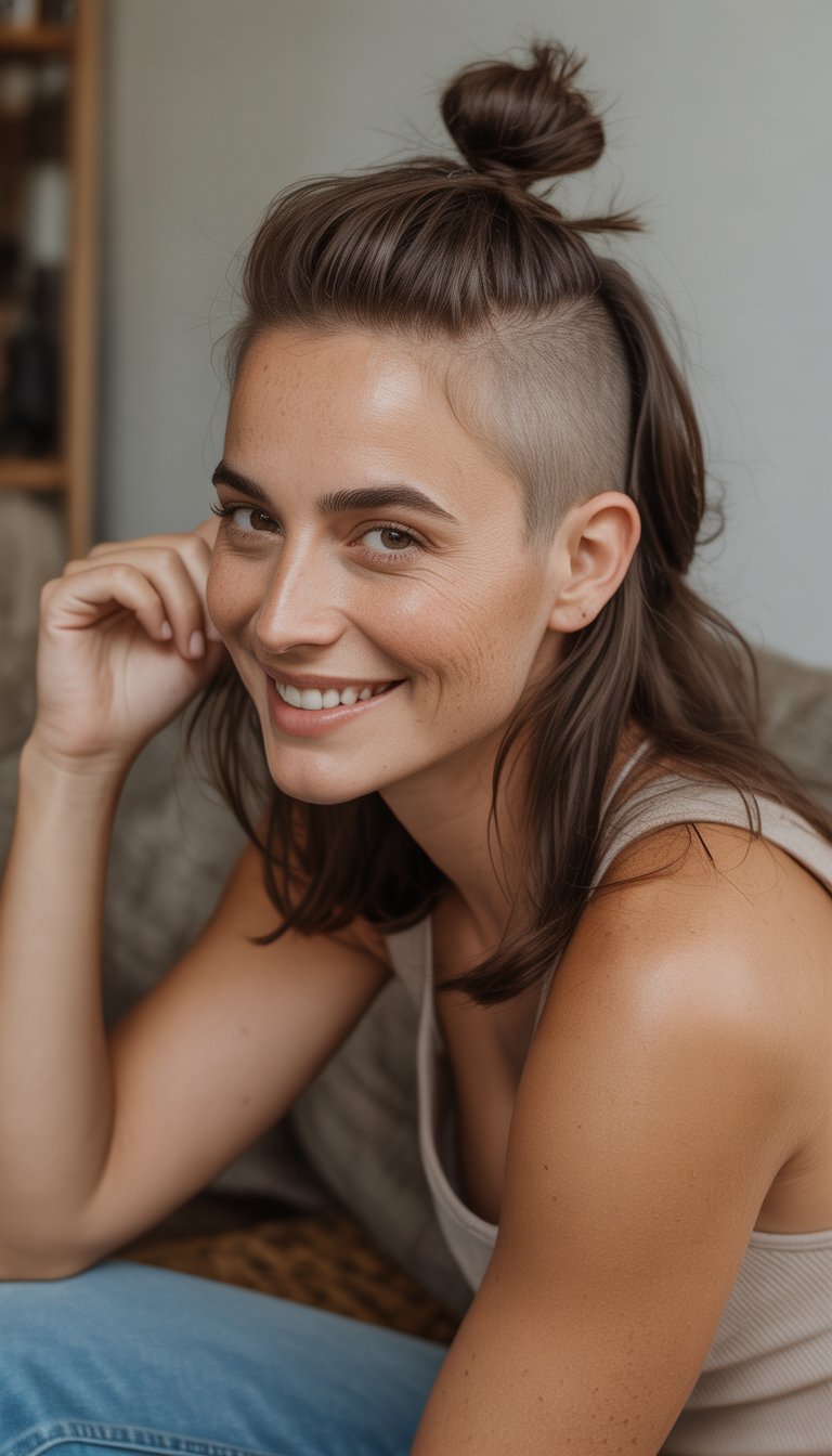 A woman with a side-shaved top knot hairstyle stands casually in a simple indoor setting, smiling naturally.