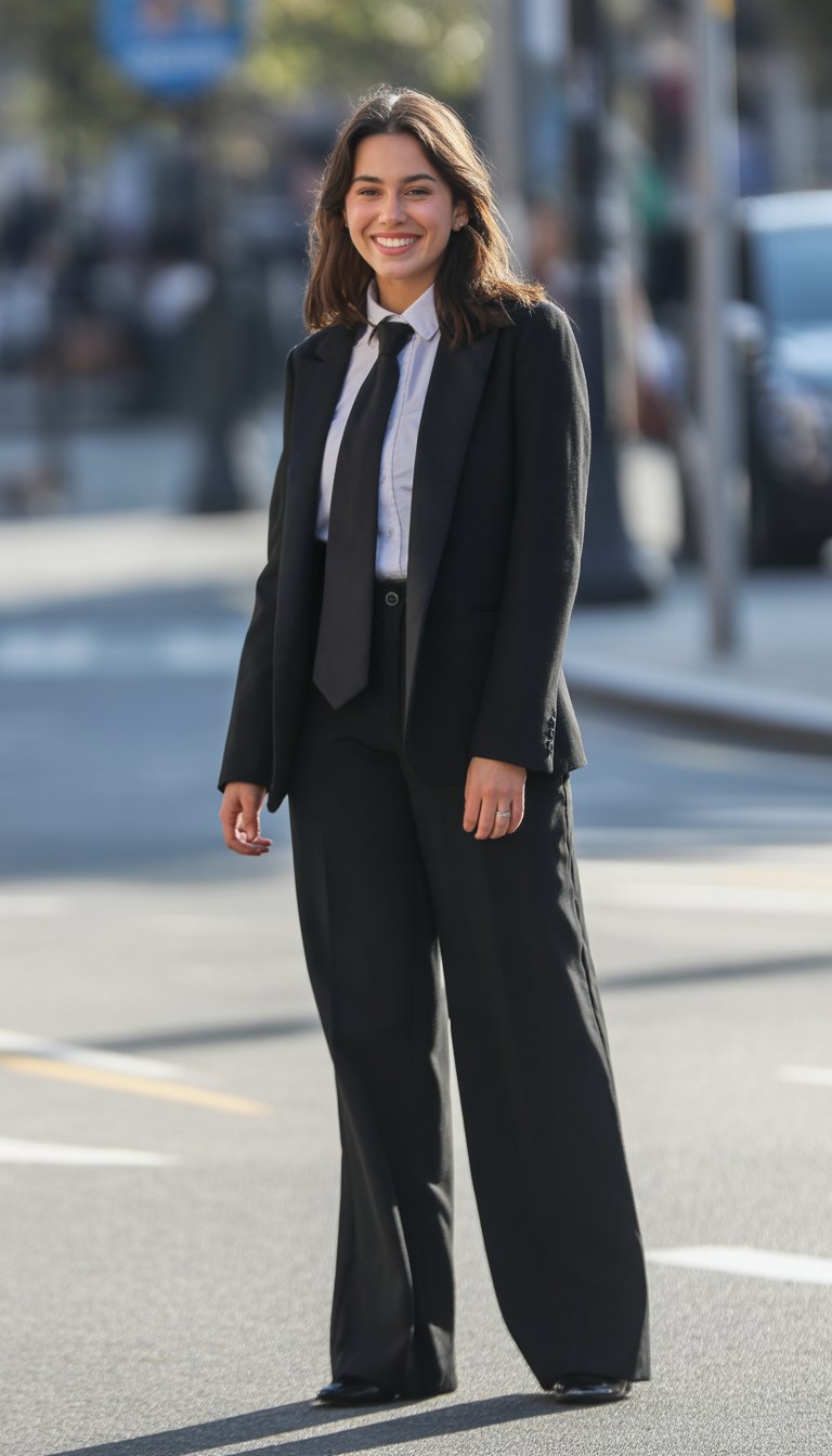 A young woman stands outdoors in a park wearing formal wedding attire, shown from head to toe with a natural expression.