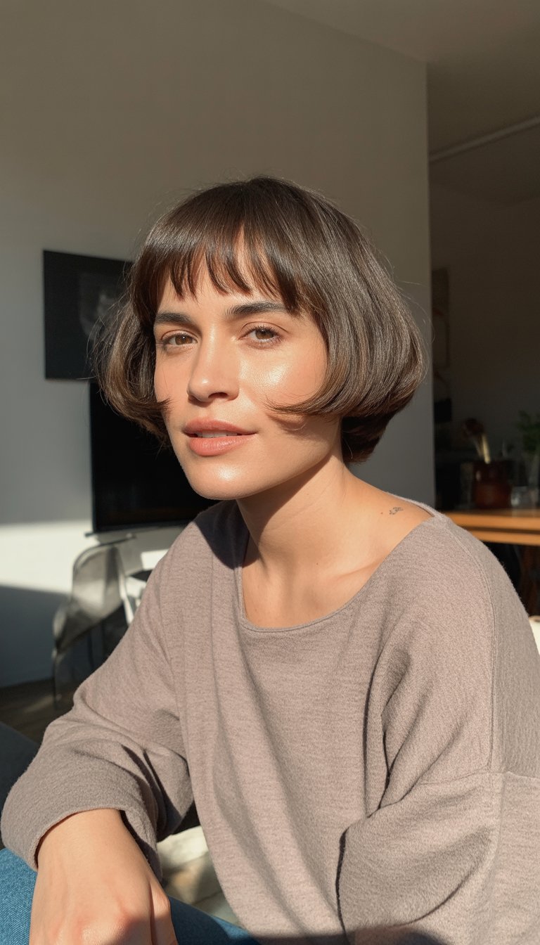 A woman with short hair and bangs smiling naturally in a casual indoor setting.