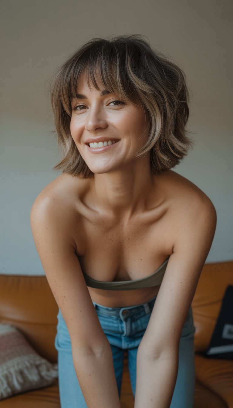 A woman with short layered hair and bangs, casually dressed, smiling naturally in a simple indoor setting.