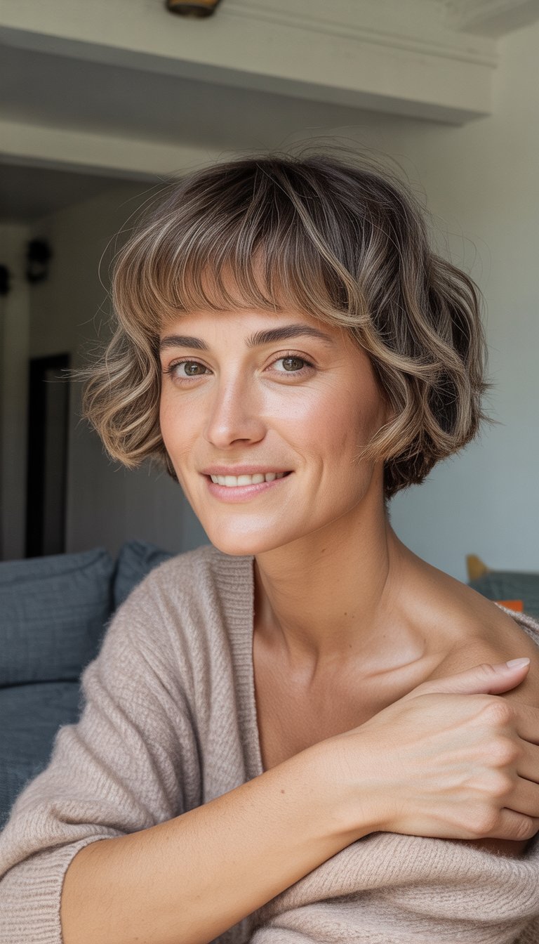 A woman with wavy short hair and bangs smiling naturally in a casual indoor setting.