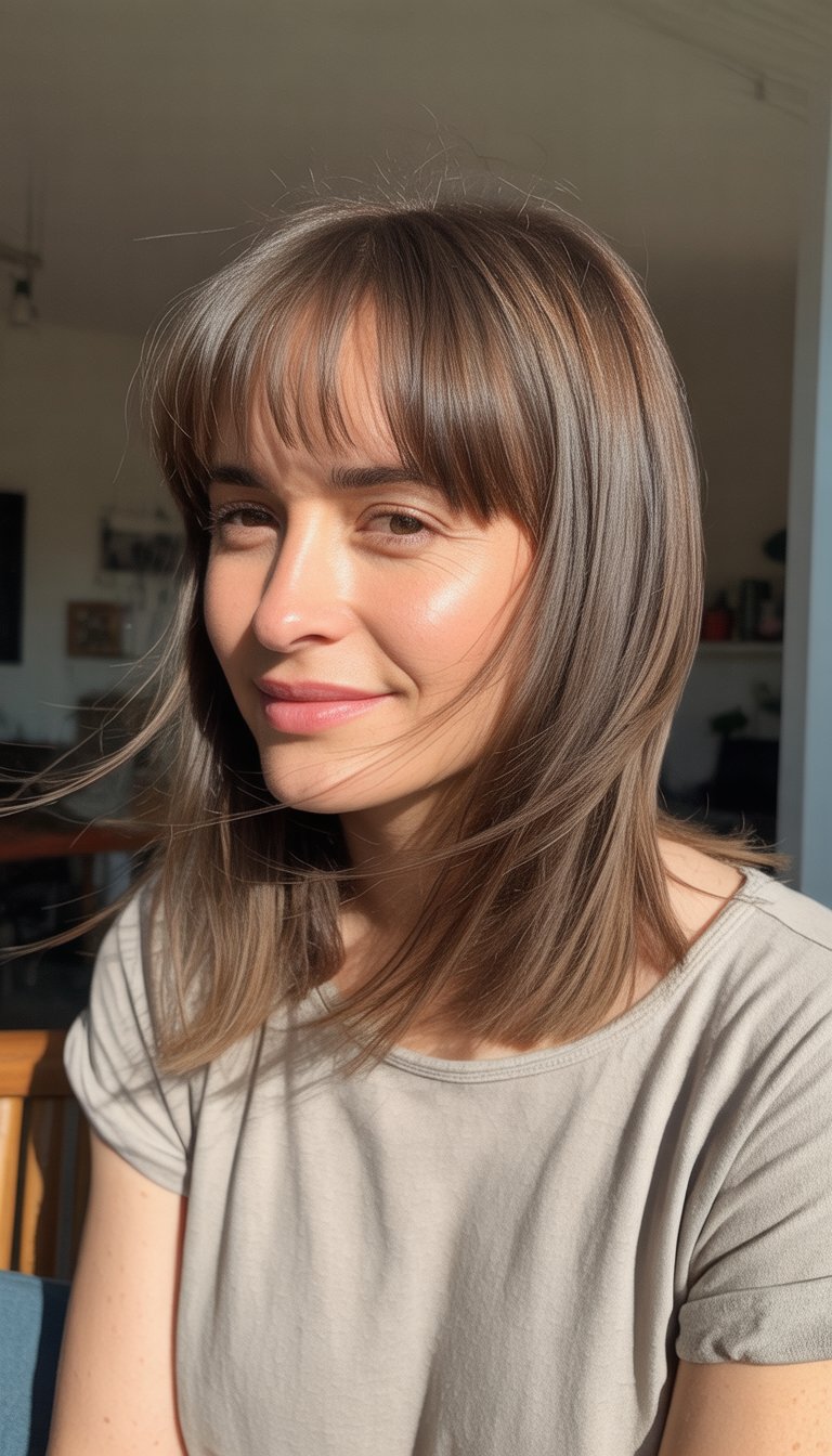 A woman with short layered hair and bangs sitting casually in a cozy room, looking relaxed and natural.
