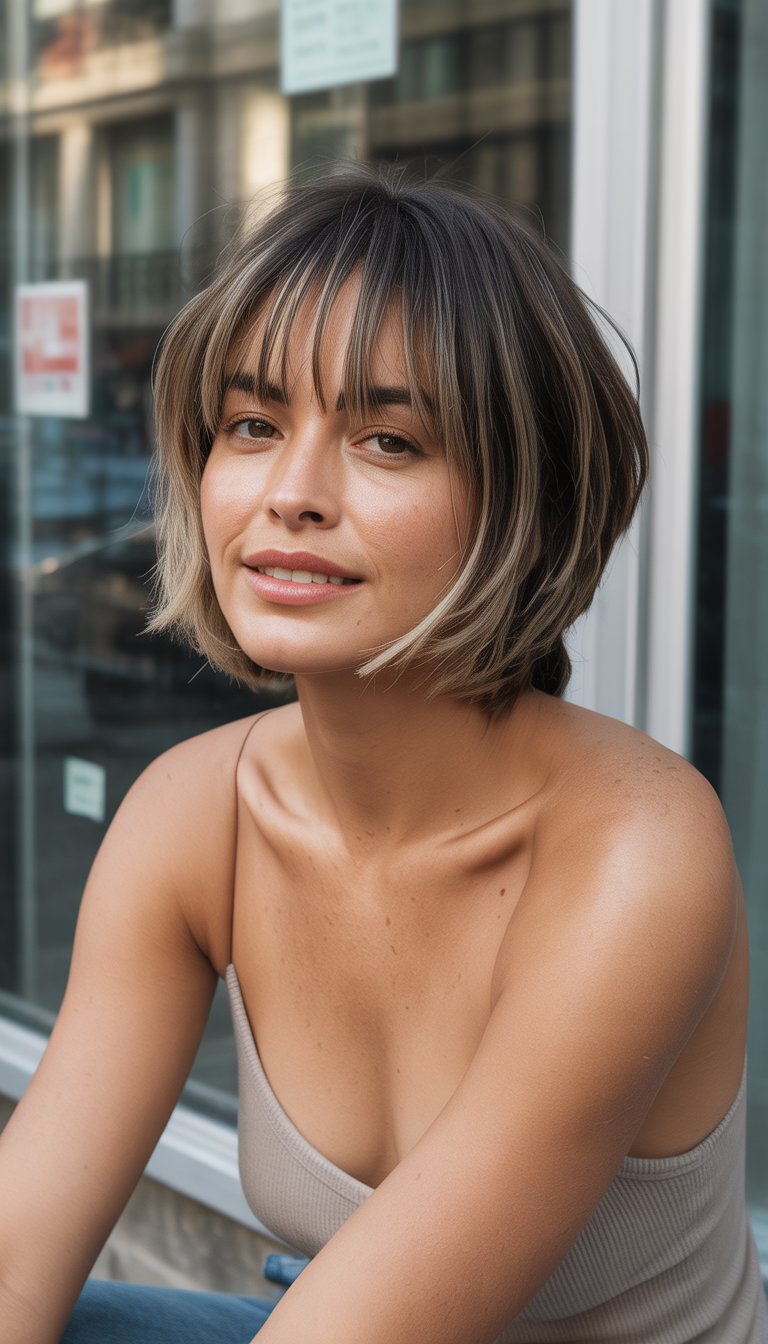 A woman with short layered hair and highlighted bangs standing in a casual indoor setting, looking relaxed and natural.