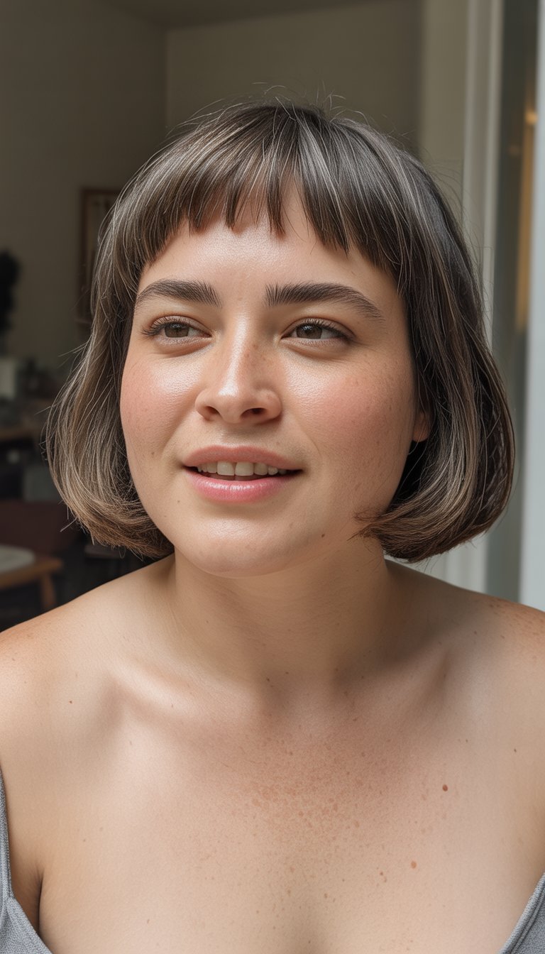 A woman with short layered hair and bangs standing in a casual indoor setting, smiling naturally.