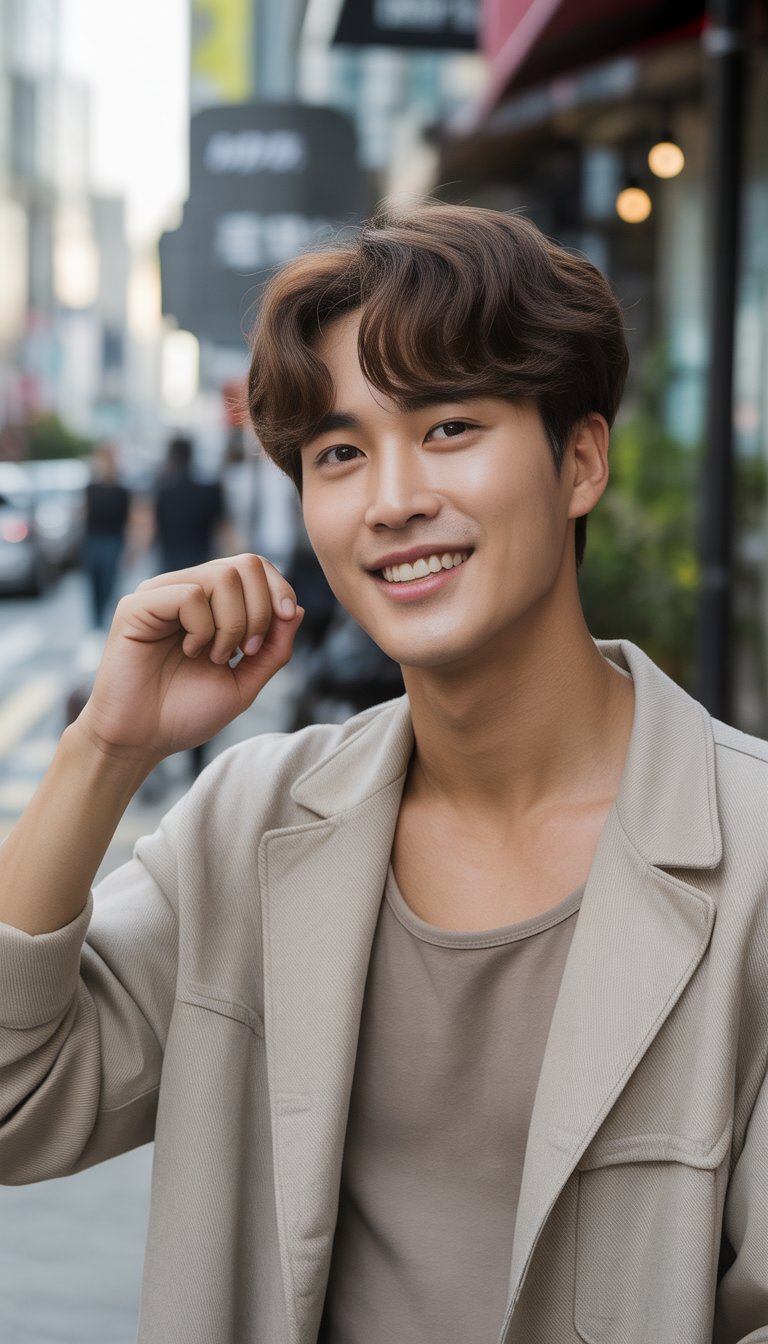 A young Korean man with a trendy hairstyle standing outdoors in a casual setting, wearing everyday clothes and looking relaxed.