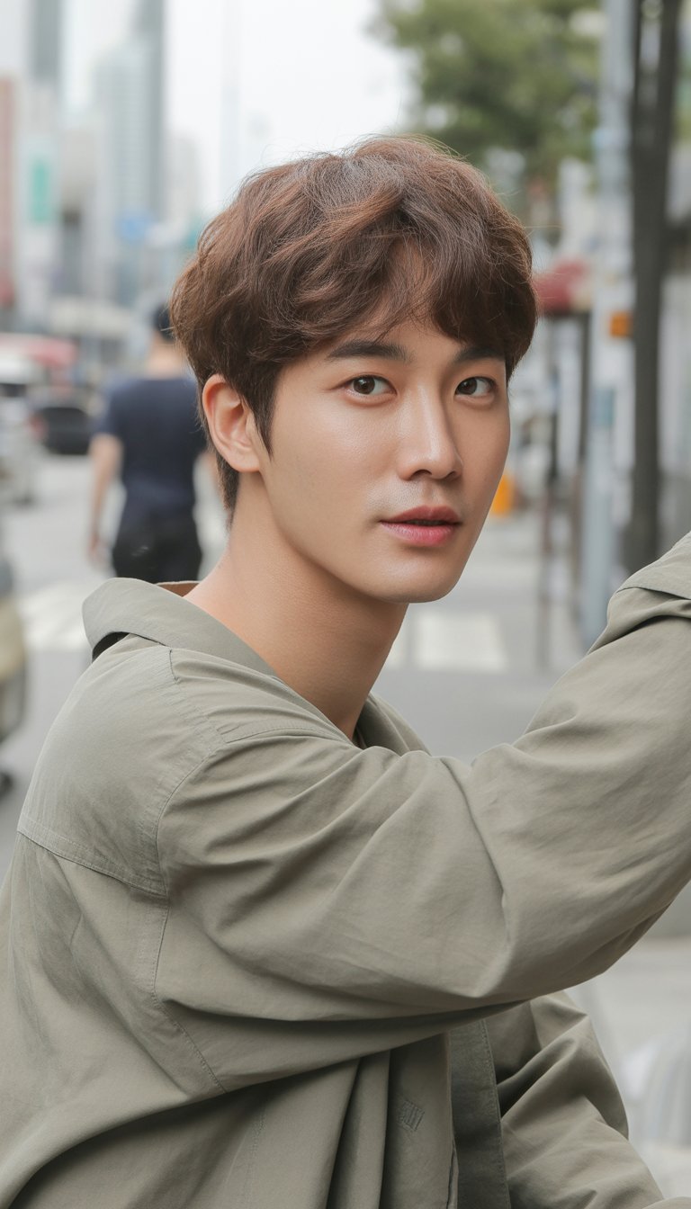 A young Korean man with a comma hairstyle standing outdoors in a casual setting, wearing everyday clothes and looking relaxed and natural.