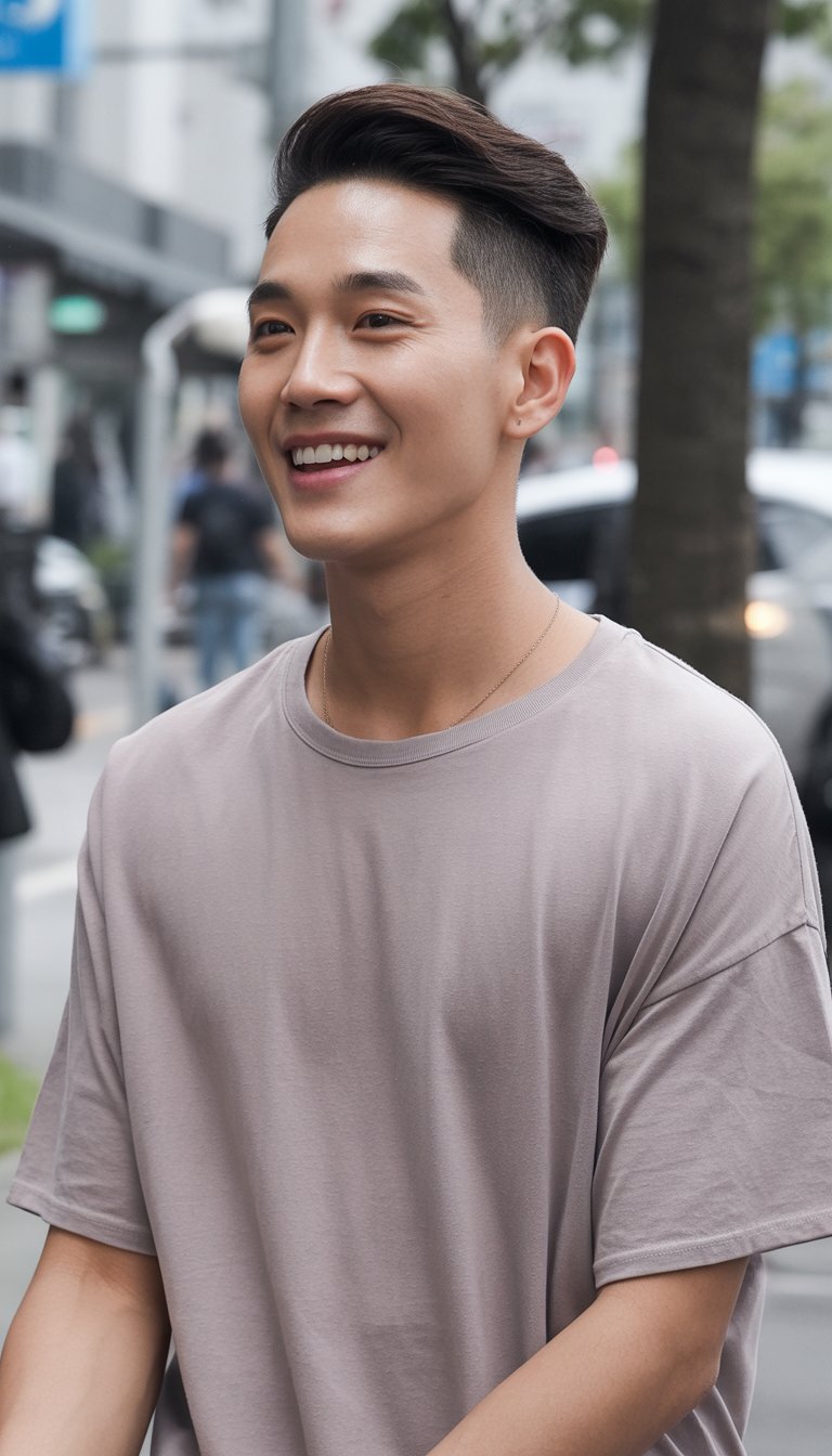 A young man with slicked back hair stands casually in a natural outdoor setting, wearing simple clothing and looking relaxed.