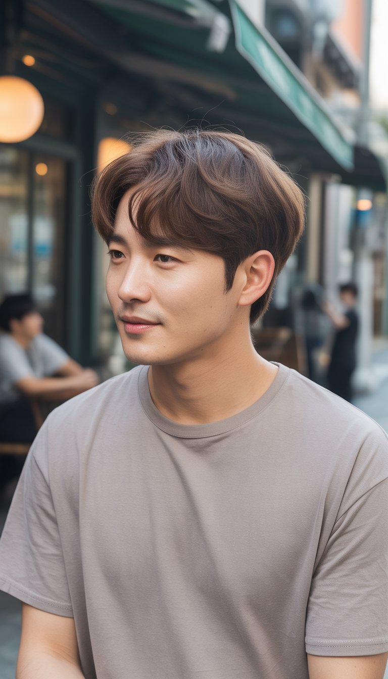A young man with a middle part hairstyle stands in a casual setting, wearing simple clothes and looking away from the camera with a relaxed expression.