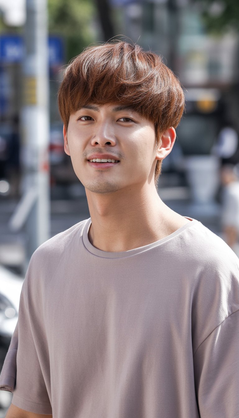 A young man with a side-parted hairstyle stands outdoors in a casual setting, wearing everyday clothes and looking relaxed.