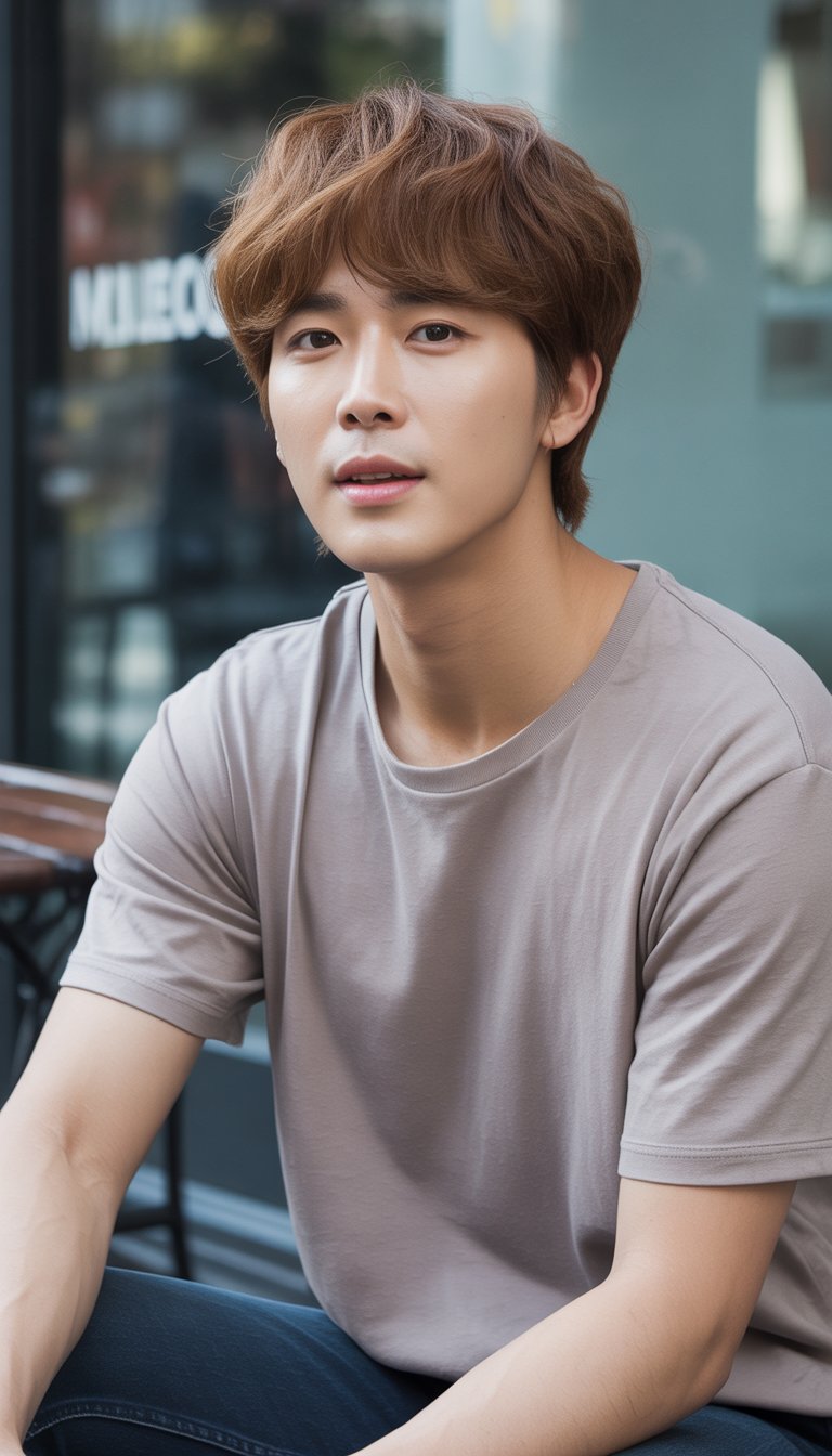 A young Korean man with a modern mullet hairstyle in casual clothing, standing outdoors in a natural setting with soft lighting.