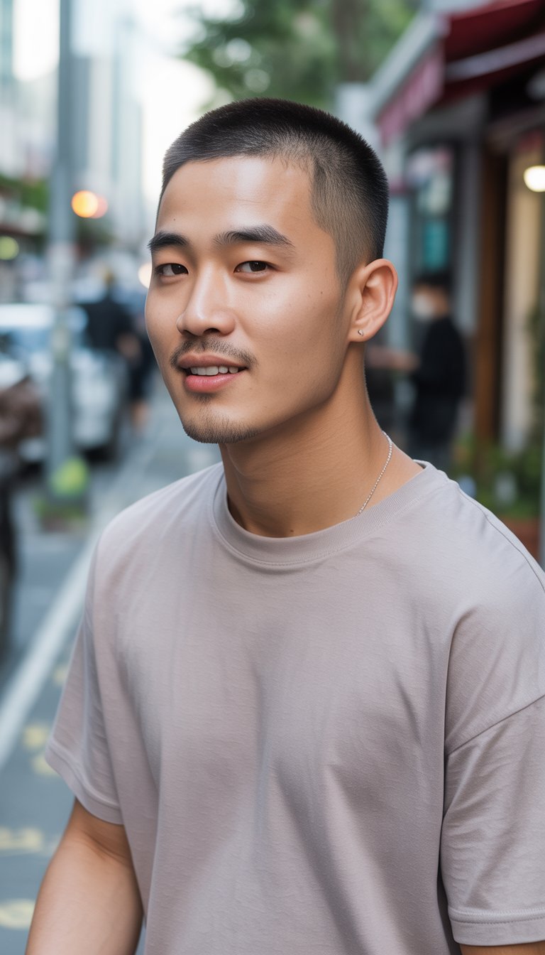 A young man with a buzz cut and fade hairstyle standing outdoors in a casual setting, wearing a simple shirt and looking relaxed.