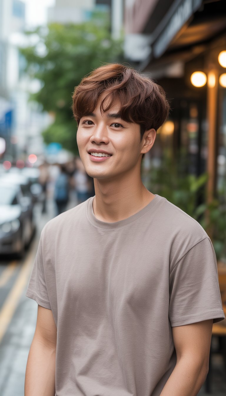 A young Korean man with a stylish hairstyle in a casual setting, wearing casual clothes and smiling naturally.
