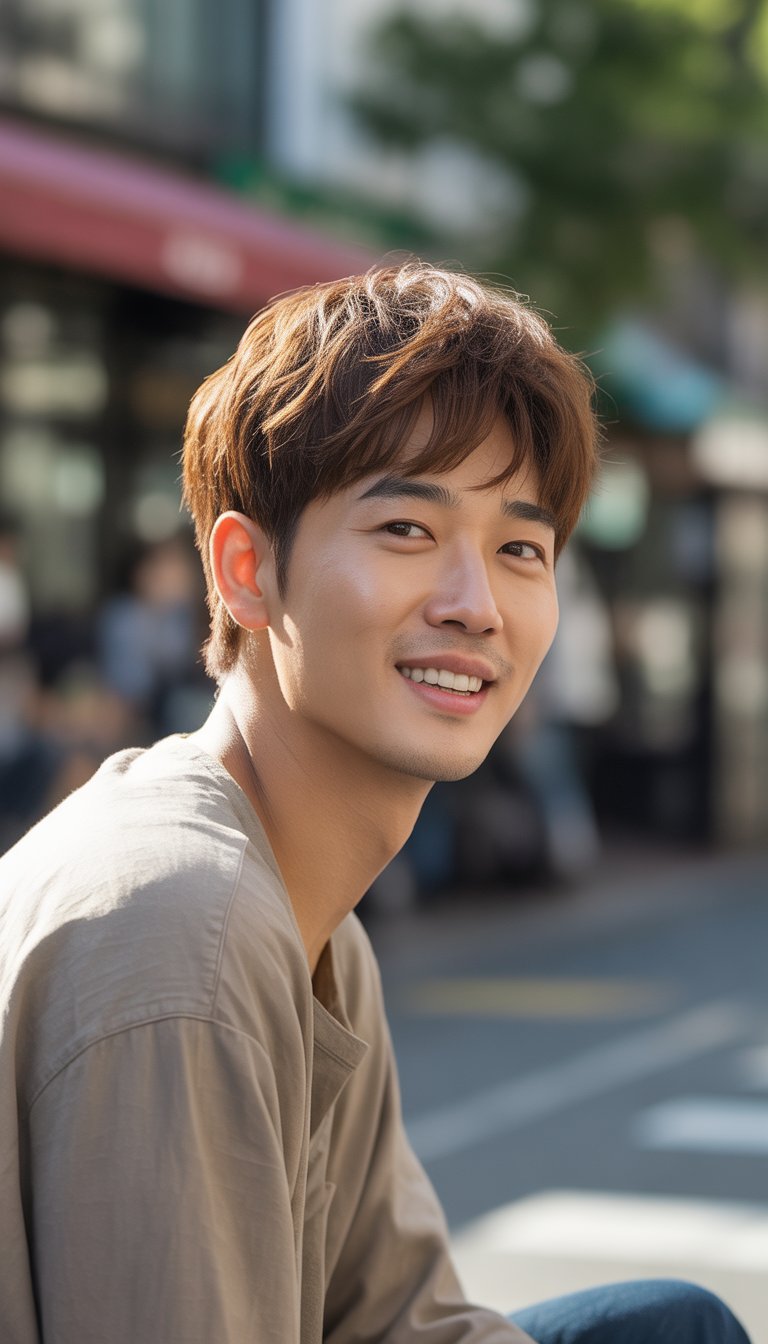 A Korean man with a textured short haircut standing outdoors in casual clothes, smiling naturally in a relaxed setting.