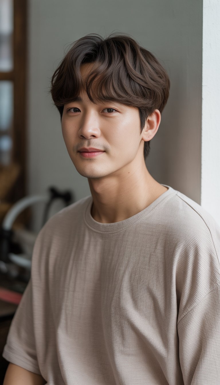A young man with curtain bangs hairstyle casually standing in an everyday setting, wearing casual clothes and looking relaxed.