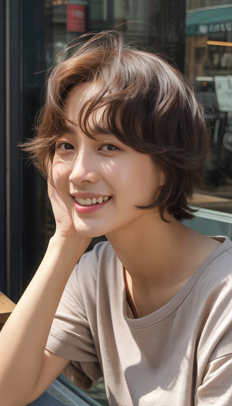 A young Korean woman with a layered wolf cut hairstyle sitting casually in a cozy cafe, looking relaxed and natural.