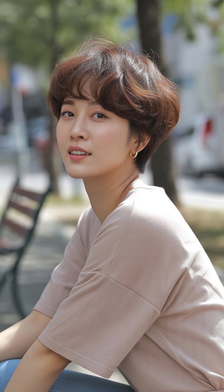 A young Korean woman with a short wolf cut hairstyle standing outdoors in a casual setting, smiling gently with a relaxed expression.